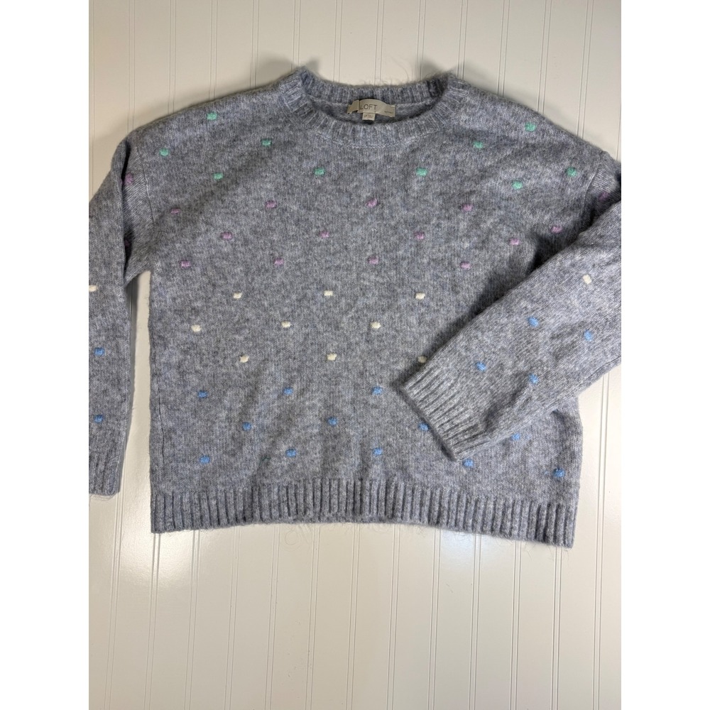LOFT Petites Grey Pastel Bobble Dot Crewneck Sweater LP Multi Color Pom Pom